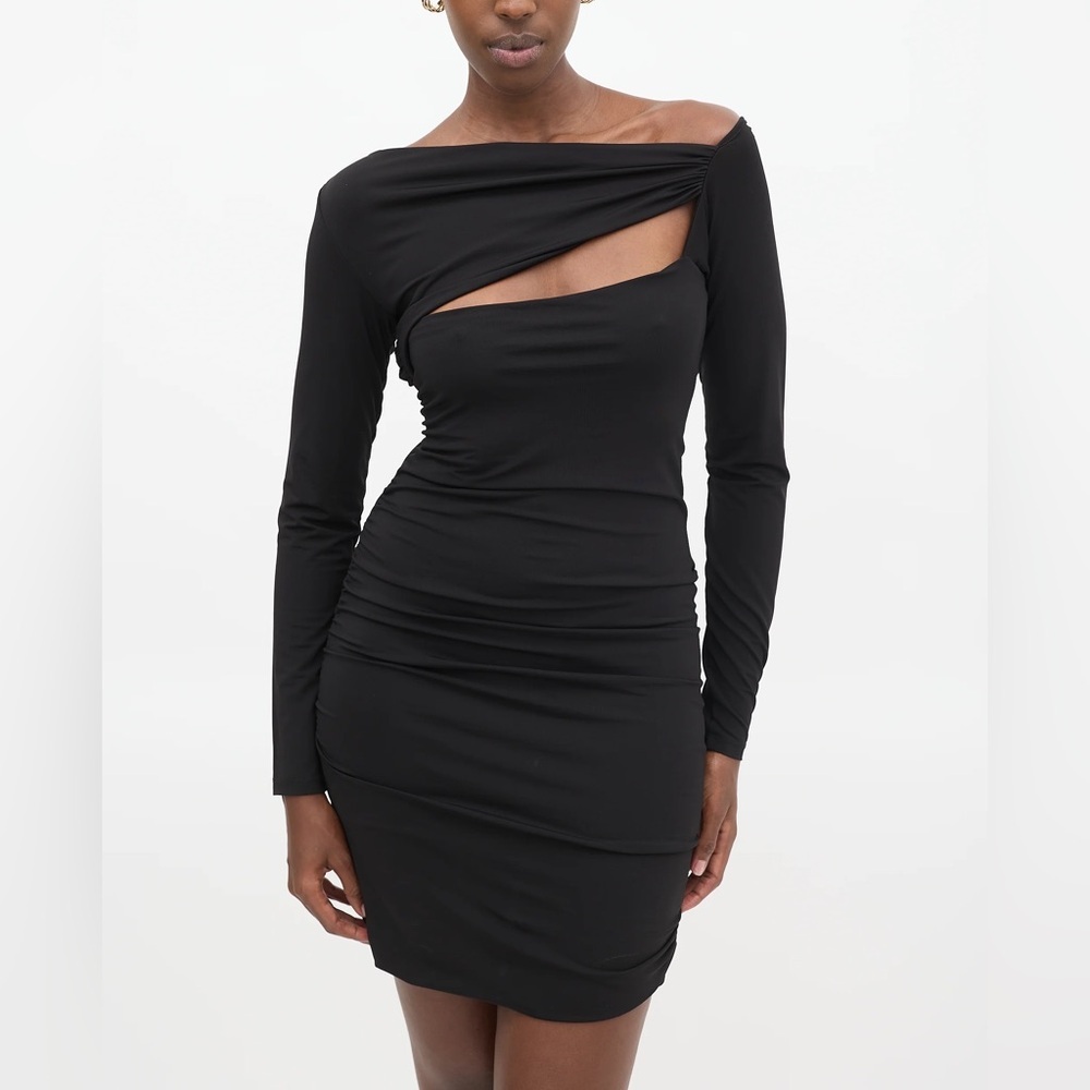 Balmain Black Asymmetrical Cutout Ruched Mini Dress